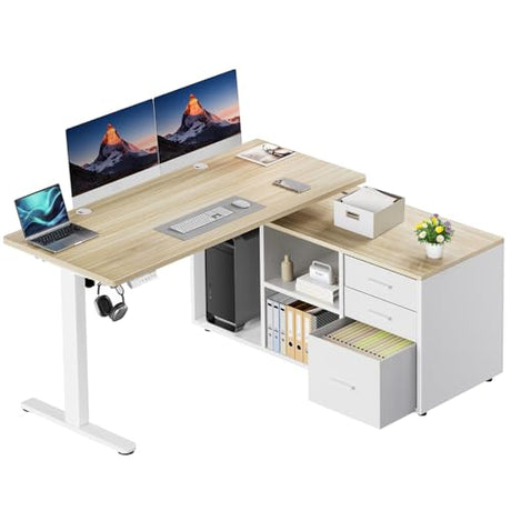 HUANUO L Shaped Standing Desk, Electric Executive Desk with Drawers, Adjustable Height Stand Up Desk, 55″ x 23.6″ One-Whole Piece Desktop, Computer Desk with 4 Memory Presets, Light Walnut HUANUO