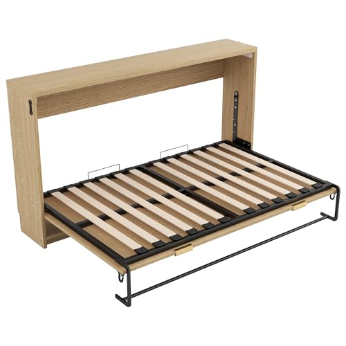 Pasirou Twin XL Size Horizontal Murphy Bed with Storage Shelf, Hideaway Wall Bed with Led Lights, can be Folded into Cabinet, Folding Murphy Bed Space-Saving for Guest Room, Natural Pasirou