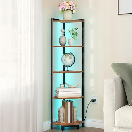 Hzuaneri Corner Shelf with LED Light, 5-Tier Corner Bookshelf, Tall Narrow Display Bookcase with Metal Frame, Standing Shelf for Small Space, Living Room, Home Office, Bedroom, Rustic Brown CS66501B Hzuaneri