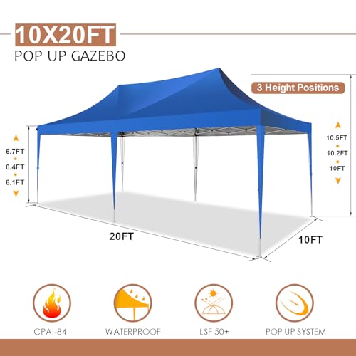 COBIZI 10x20 Pop Up Canopy Tent with Sidewalls,Party Tent Outdoor Gazebos, Waterproof & UV50+,3 Adjustable Heights,Higher Frame Design - Extra Tall for Parties Backyard,Weddings,Markets, Blue COBIZI