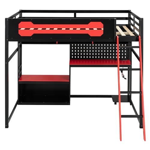 OYUMOENTS Full Size Gaming Loft Bed with Desk and LED Lights, Wood Loft Bed with Storage Shelves & USB Ports, Full Size Loft Beds Frame for Adults Kids Teens, Black+Red OYUMOENTS