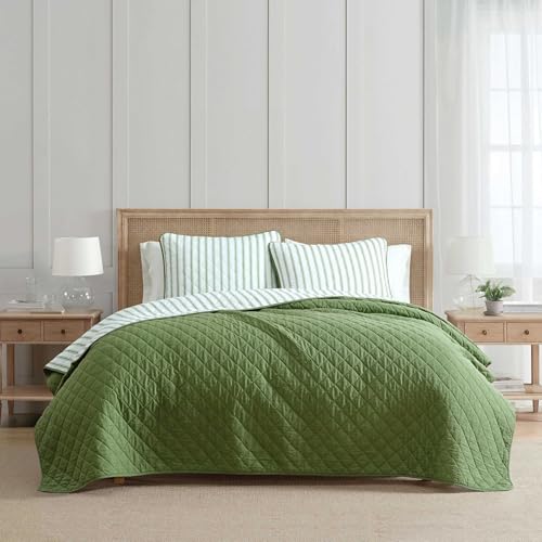 Martha Stewart - Queen Quilt Set, 100% Soft & Breathable Bedding with a Lightweight Feel for Year Round Comfort, 3 Piece Bed Set with Matching Pillowcases (Ticking Stripe Green) Martha Stewart