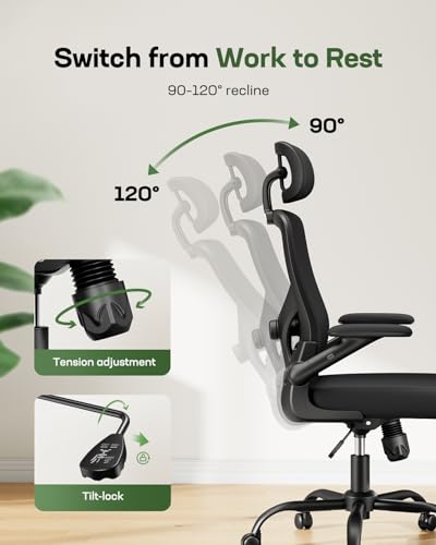 Marsail Ergonomic Mesh Office Chair High Back Desk Chair Adjustable Lumbar Support with Headrest Flip-Up Liftable Arms Swivel Computer Task Chair for Big and Tall People Marsail