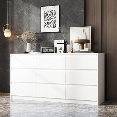 Hitow 9 White Drawer Dressers, Modern Large Dresser for Bedroom Organize, Wooden Long Dresser with 9 Handle Free Drawers, Storage Chest of Drawers for Living Room Home Office (63" W)