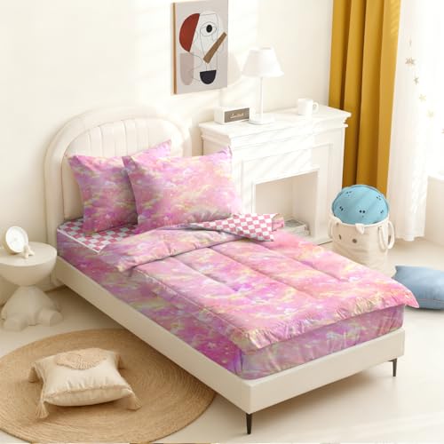 Yadangxiawa Kids Comforter Set,Zipper Bedding Twin for Girls,Pink Cloud Printed Comforter Set with Pink Checkerboard Fitted Sheets and Pillowcases for All Season(Cloud Twin) Yadangxiawa