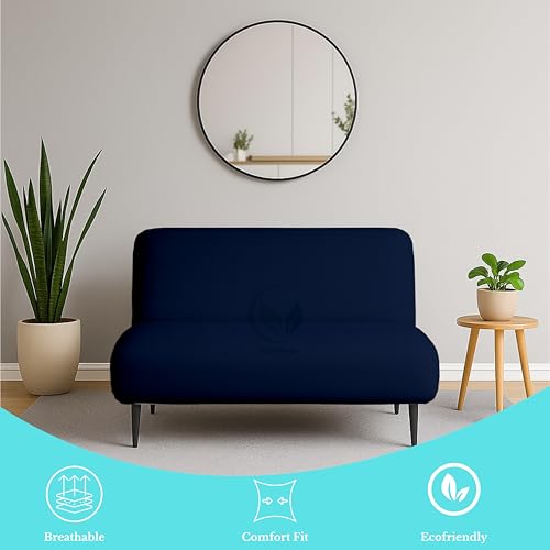 VianNest 600TC Armless Futon Covers Queen Size Pure Cotton Zippered Sofa Bed Slipcover, Machine Washable Couch Protector for Sleeper Sofas & Futons (Navy Blue) VianNest