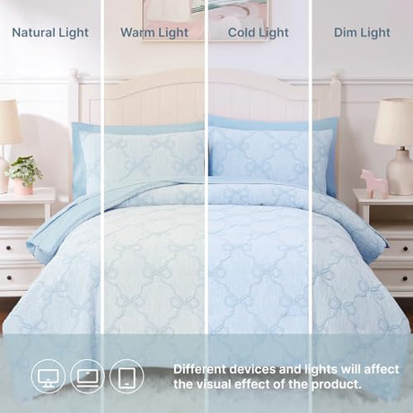 Wink Deer Queen Comforter Set with Sheets for Girls-7 Pieces Queen Bedding Sets with Light Blue Comforter, Sheets, Pillowcases & Shams for Kids (Light Blue Bow Knot, 90" X 90") Wink Deer