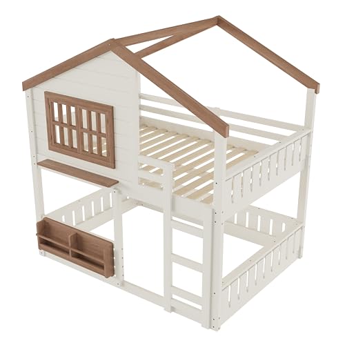 Harper & Bright Designs Full Over Full House Bunk Bed with Window and Roof, Solid Wood Low Bunk Beds with Bookshelf, Ladder and Guardrail, Space Saving for Boys and Girls, Beige & Natural Harper & Bright Designs