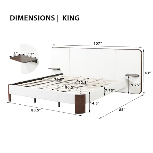Merax King Size Upholstered Platform Bed Frame with Large Curved Headboard,Built-in Floating Shelves,Wood Slats and Metal Support for Bedroom,Noise-Free Merax
