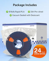 JAYO PLA+ Filament Bundle 1.75mm, 3D Printer Filament Bundle Multicolor, Individually Vacuum Packed, 250g Spool, 8 Pack, 2KG in Total, Black+White+Transparent+Clear(Blue+Red+Orange+Yellow+Purple)