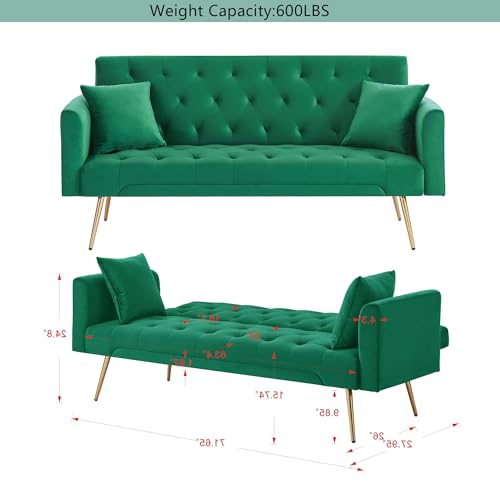 72"Modern Velvet Sofa Bed Futon,Convertible Folding Sleeper Bed Couches with 3 Adjustable Backrests,Tufted Recliner Love Seat with Golden Chrome Legs for Living Room Apartment Office (Green+pillows) Anwick