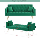 72"Modern Velvet Sofa Bed Futon,Convertible Folding Sleeper Bed Couches with 3 Adjustable Backrests,Tufted Recliner Love Seat with Golden Chrome Legs for Living Room Apartment Office (Green+pillows) Anwick