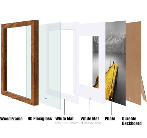 12x12 Picture Frames Solid Wood Display Pictures 10x10 or 8x8 with Mat or 12x12 without Mat - Each 12x12 Inch Square Photo Frames with 2 Mats Wooden