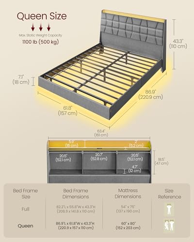 VASAGLE Queen Size Floating Bed Frame with LED Lights, Upholstered Queen Bed Frame with Charging Station, Tufted Storage Headboard, Noise-Free, No Box Spring Needed, Light Gray URMB851G01SV1 VASAGLE