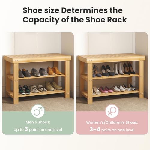 DUMOS Shoe Rack Bench, 3-Tier Bamboo Entryway Benches, Holds Up to 286 lb Storage Organizer, 11.22 x 27.6 x 18 Inches, Suitable for Bedroom Living Room Balcony, Classical Wood DUMOS