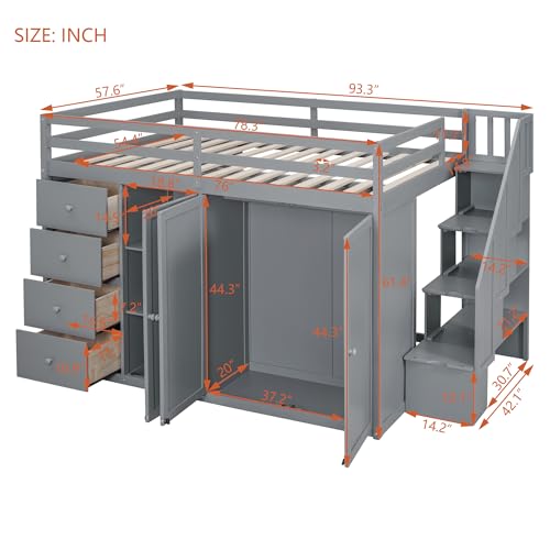 Merax Full Size Wood Loft Bed with Built-in Wardrobes,Wood Loft Bed with Multiple Storage Cabinets and Drawers for Bedroom,Gray Merax