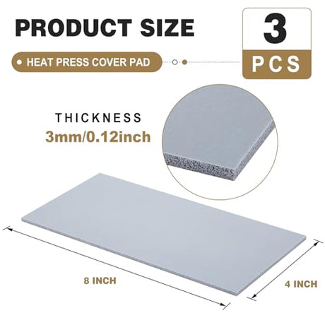 Pushglossy 3 Pcs Silicone Heat Press Cover Pad 1/8" X 4" X 8" Foam Press Mat Accessories Double Sided Use for Hat HTV Transfer Vinyl DIY Small Business (Grey) Pushglossy