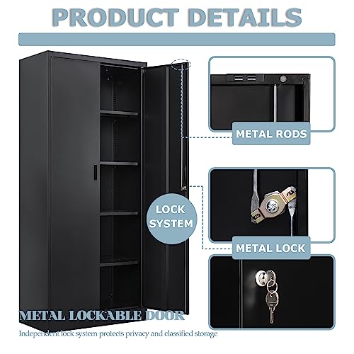 YEEZER Metal Storage Cabinet 71” with 2 Doors and 4 Adjustable Shelves, Garage Steel Locking Cabinet, Tall Cabinets Lockable File Cabinet for Home, Office, Garage, Gym, School. (Black) YEEZER