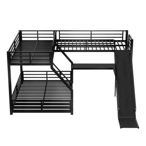 Bellemave L-Shaped Triple Bunk Bed Twin XL Over Queen with Slide, Desk & USB Ports, Metal Floor Bunk Beds with 2 Ladders & Guardrails for Kids Teens, Black Bellemave