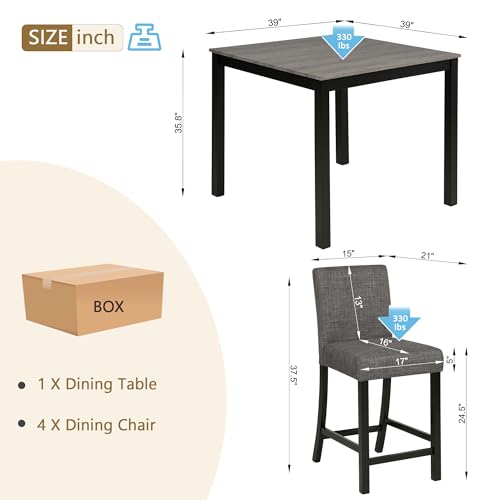 KEIKI 5-Piece Counter Height Dining Table Set with Square Table and 4 Upholstered Curved Backrset Chair, for 4 Person, Modern Wooden Table Set, Easy Assembly, for Kitchen, Dining Room, Black+Gray KEIKI