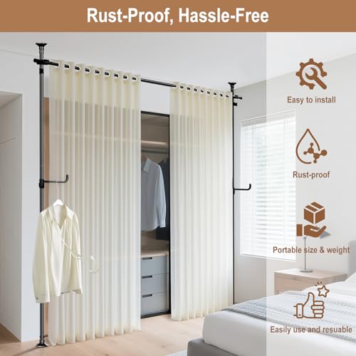 Seamless Room Divider Curtain Rod - No Drilling Space Partition Adjustable Privacy Separator 4-10ft(H) 32-80inch(W) Heavy Duty Temporary Wall Divider Floor to Ceiling Tension Rod, Black SIBRAD