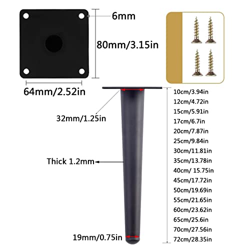 Generic Set of 4 Black Furniture Legs Straight Tapered Metal Sofa Legs, Replacement Heavy Duty Support Feet, for Sofa Couch Table Chair Cabinet Armchair TV Stand (35cm/13.78in) (Black 72cm/28.35in) WoodArtSupply