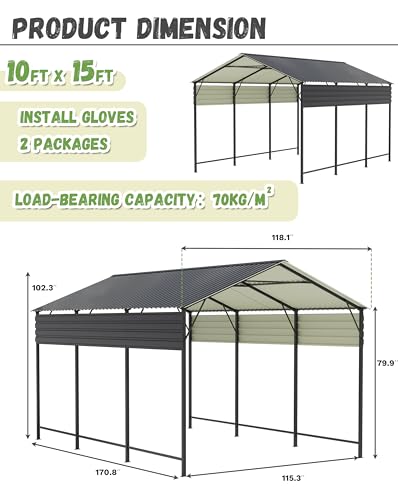 Greesum 10x15FT Metal Carport with Heavy Duty Frame and Galvanized Steel Roof, Vertical Carports with Side Support Rods, Canopy Shelter for Car, Pickup Trucks, Boats and Tractors, Party, Gray Greesum
