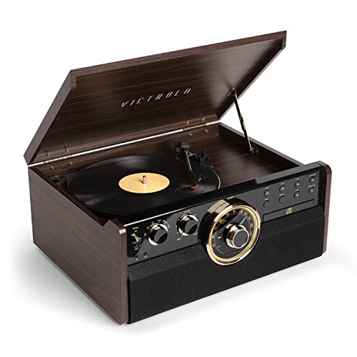 Victrola Empire Mid-Century 6-in-1 Turntable with 3 Speed Record Player, Bluetooth Connectivity, Radio, Cassette and CD Player (Espresso) - WoodArtSupply