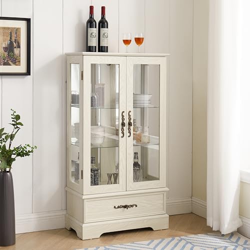 JIJIWANG Curio Cabinet with Adjustable Glass Shelves, Mirrored Back Panel & Tempered Glass Doors&Drawer,Wooden Display Cabinet for Living Room, Hallway,Light Bulb Included,White JIJIWANG