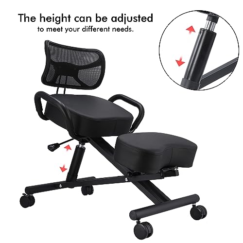 Ergonomic Height Adjustable Breathable Kneeling Chair Back Support Kneeling Chair with Leather Cushion Comfortable Mesh Backrest, Spine Alignment Support Zerone