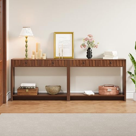 RUSTYER Console Table with Drawers, Narrow Mid-Century Fluted Entryway Table Sofa Table with Storage Shelf, Wood Entry Table Accent Behind Couch Table for Entrance, Hallway, Living Room (Walnut) RUSTYER