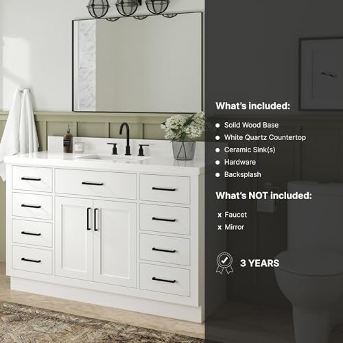 ARIEL Hepburn 55" White Bathroom Vanity with Sink, 1.5" Edge Pure White Quartz Countertop & Splash, Rectangular Sink, 2 Soft Closing Doors, 8 Full Extension Dovetail & 1 45-Degree Tilt Drawers ARIEL