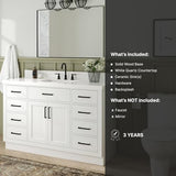 ARIEL Hepburn 55" White Bathroom Vanity with Sink, 1.5" Edge Pure White Quartz Countertop & Splash, Rectangular Sink, 2 Soft Closing Doors, 8 Full Extension Dovetail & 1 45-Degree Tilt Drawers ARIEL