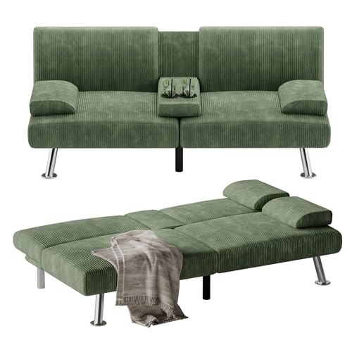 Flamaker Futon Sofa Bed Corduroy Folding Couch Adjustable Sleeper Sofa Bed for Small Apartment Upholstered Living Room Furniture Set with 2 Cup Holders Removable Armrests (Corduroy, Green) Flamaker