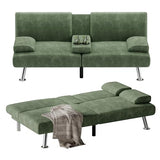 Flamaker Futon Sofa Bed Corduroy Folding Couch Adjustable Sleeper Sofa Bed for Small Apartment Upholstered Living Room Furniture Set with 2 Cup Holders Removable Armrests (Corduroy, Green) Flamaker