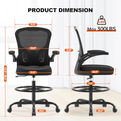 Ergonomic Drafting Chair, Tall Office Chair with Flip-up Armrests, Breathable Mesh High Desk Chair with Lumbar Support Adjustable Footrest Ring for Standing Desk Black Synorla