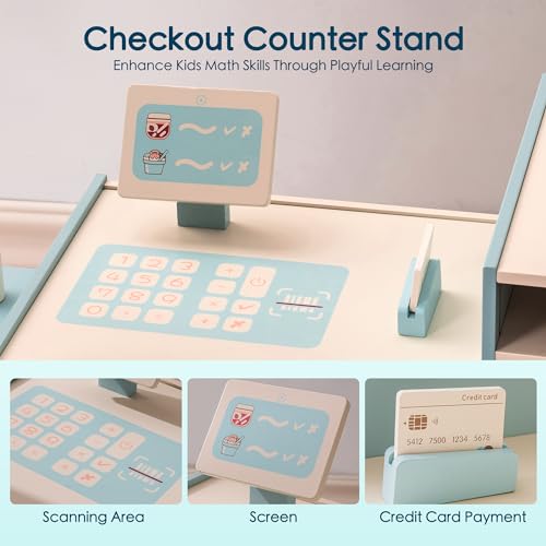 ROBUD Grocery Store Playset, Kids Play Store, Wooden Supermarket Playset with Cash Register, Chalkboard, Vending Machine, Coffee Machine, Oven, Play Food Accessories, Gift for Boys Girls 3+ ROBUD