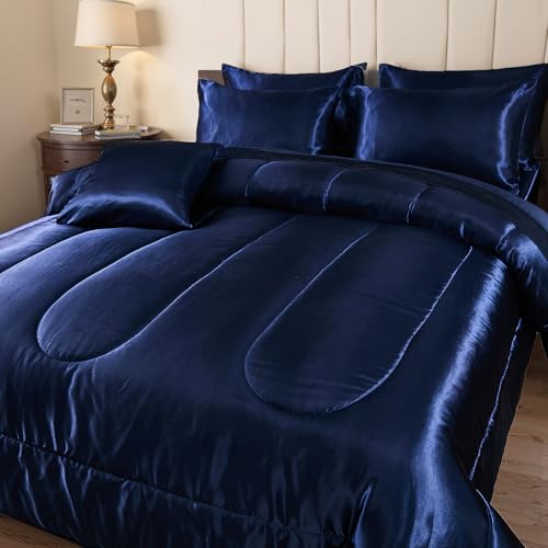 Bedding_Dreamer Silk Like Blue Comforter Set with Sheet Sets Queen 8 Pieces Satin Bedding Silky Bed-in-a-Bag Luxury Hotel Silky with 1 Cushion Cover Bedding_Dreamer