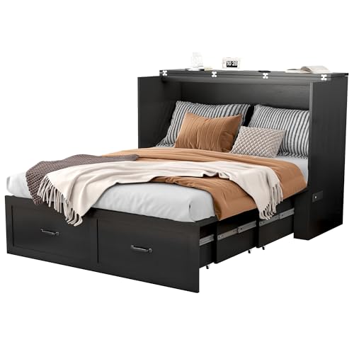 Hlivelood Full Size Murphy Chest Bed with Drawer and Charging Station, Farmhouse Wood Space-Saving Hidden Folding Bed Chest, Multifunctional Storage Cabinet Beds for Bedroom, Office, Black Hlivelood