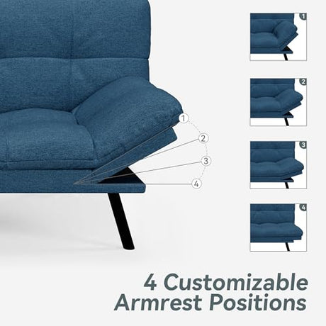 AMICLIBER Futon Sofa Bed Convertible Couch, Blue Linen Sofa Bed with Memory Foam, Adjustable Backrest & Armrests, Multifunctional Small Loveseat Sleeper Sofa for Living Room, Apartment, Office AMICLIBER