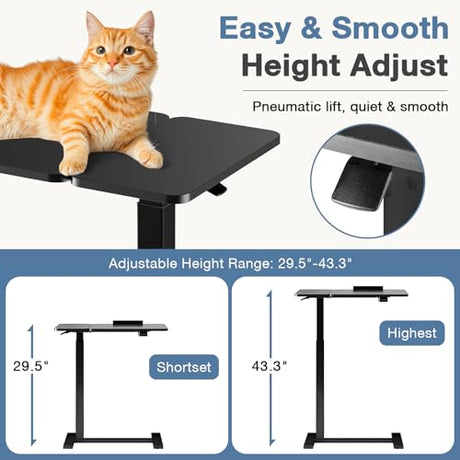 DUMOS Overbed Bedside Table Adjustable with Wheels, Mobile Standing Stand Up Rolling Laptop PC Desks with Tilting Top Height Tray Sofa Side Computer Workstation for Bedroom on Hospital Home Use, Black DUMOS