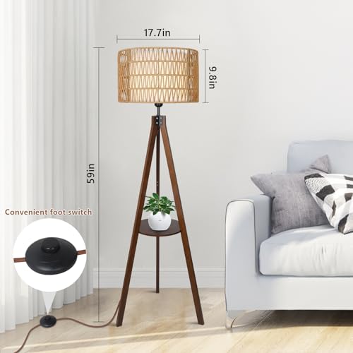 LAMSU Boho Tripod Floor Lamp with Shelves, Mid Century Wood Standing Lamp with Rattan & Fabric Shades, ON/Off Foot Switch, Modern Farmhouse Tall Floor Lamps for Living Room Bedroom Office - WoodArtSupply