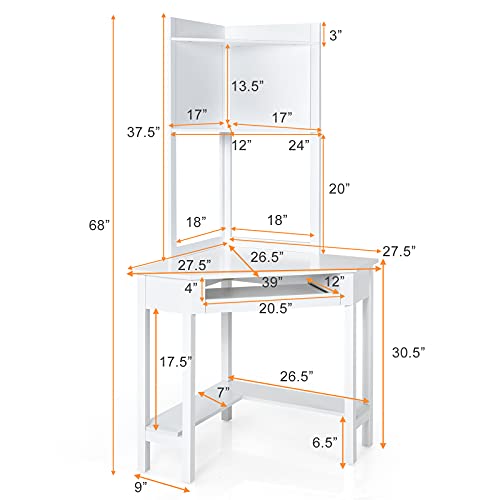 Tangkula White Corner Desk with Hutch, 90 Degrees Triangle Computer Desk with Keyboard Tray & Bookshelves for Small Space, Space Saving Writing Desk with Storage Shelves for Bedroom Apartment - WoodArtSupply