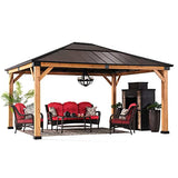 Sunjoy Hardtop Gazebo 13 x 15 ft. Upgrade Cedar Framed Wood Gazebo with Brown Steel and Polycarbonate Hip Roof Hardtop for Garden, Backyard Shade, Brown Roof + Natural Wood Frame Sunjoy