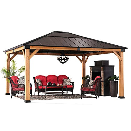 Sunjoy Hardtop Gazebo 13 x 15 ft. Upgrade Cedar Framed Wood Gazebo with Brown Steel and Polycarbonate Hip Roof Hardtop for Garden, Backyard Shade, Brown Roof + Natural Wood Frame Sunjoy