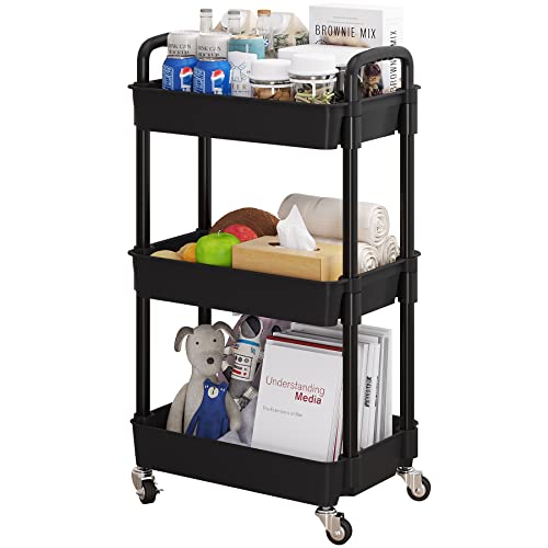 UDEAR 3-Tier Rolling Utility Cart with 12 Category Labels,Multifunctional Comagtable Rolling Shelving with Handle and Lockable Wheels for UDEAR