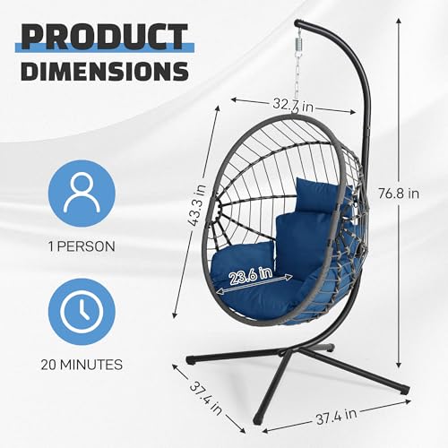 DoubleTT Hanging Egg Chair with Stand - 350lbs Capacity Outdoor Patio & Indoor Living Room Furniture, Waterproof PE Rattan Wicker Swing Seat with Cushion, Foldable Seat for Garden, Balcony, Backyard
