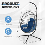 DoubleTT Hanging Egg Chair with Stand - 350lbs Capacity Outdoor Patio & Indoor Living Room Furniture, Waterproof PE Rattan Wicker Swing Seat with Cushion, Foldable Seat for Garden, Balcony, Backyard