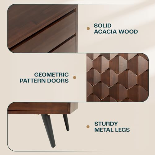 Bme 61'' Mid Century Modern Cabinet with Geometric Pattern for Kitchen, Dining, Living Room Sideboard Georgina Solid Wood 2 Doors & 3 Drawers, Walnut Bme