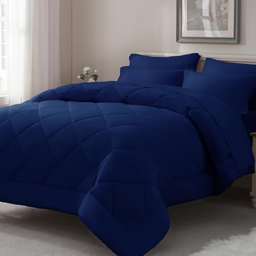 ELNIDO QUEEN® Full Size Comforter Set - 7 Pieces Navy Bed in a Bag Full, Bed Set All Seasons, Soft Bedding Sets with Dark Blue Comforter, Flat Sheet, Fitted Sheet, Pillowcases and Pillow Shams ELNIDO QUEEN